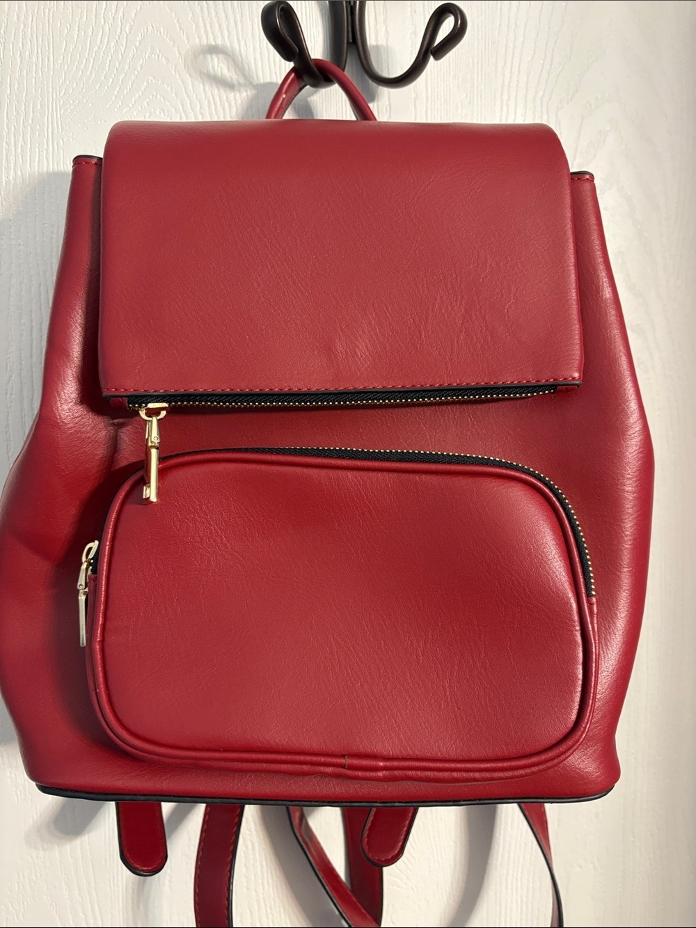 Structured Red Faux Leather Women's Backpack with Front Pocket - Picture 3 of 14